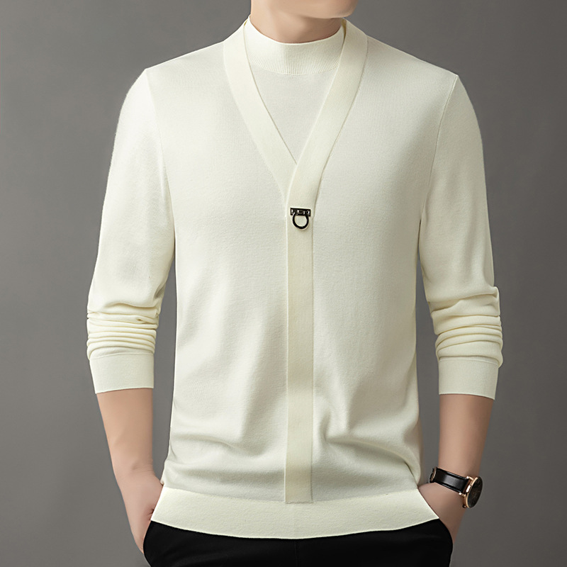 Men's Spring and Autumn Casual All-match Top Fashion Fake Two-piece Sweater Light Luxury high quality Autumn and Winter Base Shirt