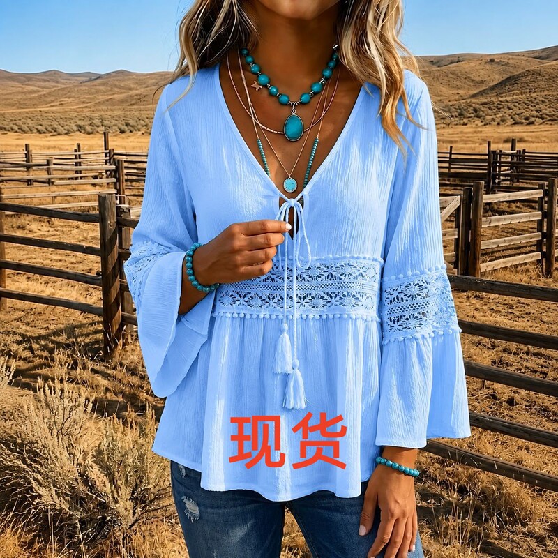 European and American cross-border women's clothing Amazon independent site Bohemian long-sleeve lace patchwork V-neck tie shirt top