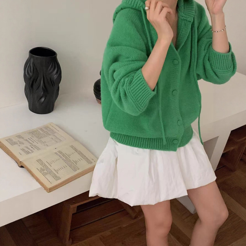 韩纯色设计感连帽抽绳针织开衫女早春季新款宽松慵懒风毛衣外套|undefined