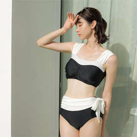 厂家直销韩版新款黑白拼接少女时尚吊带显瘦高腰温泉度假泳衣女