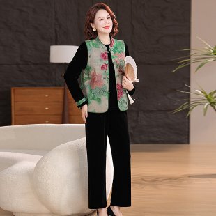 新中式妈妈秋装金丝绒套装2025新款中老年女装春秋马甲外套三件套|undefined
