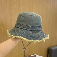 做舊韓版毛邊牛仔漁夫帽女款抽繩可調節盆帽戶外百搭顯臉小遮陽帽