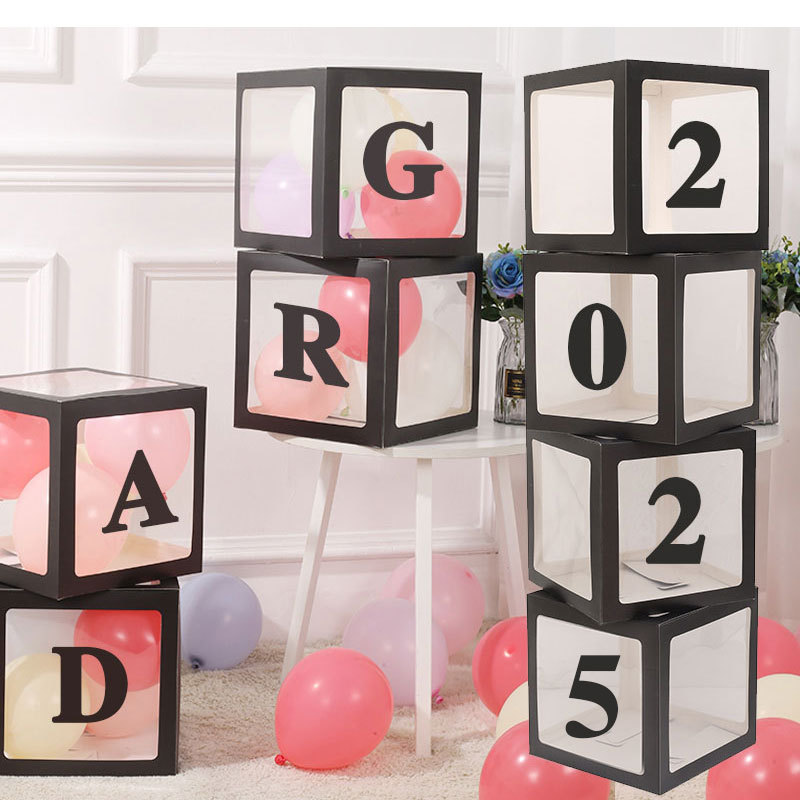 Caja de globos negra GRAD para la temporada de graduación 2025, diseño de escena de fiesta transfronterizo de Amazon, venta al por mayor de cajas de globos.