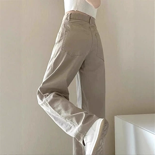 卡其色牛仔直筒裤子女2025春秋设计感小众宽松高腰大码百搭阔腿裤