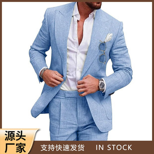 European and American Foreign Trade New Men's plus size Suit Two-piece Single-row One-button Pointy Gun Collar Solid Color Cross-border Suit