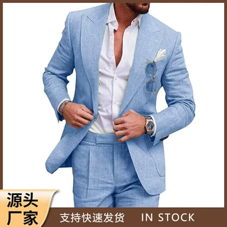 欧美外贸新款男士大码西服两件套单排一粒扣尖枪领纯色跨境西装