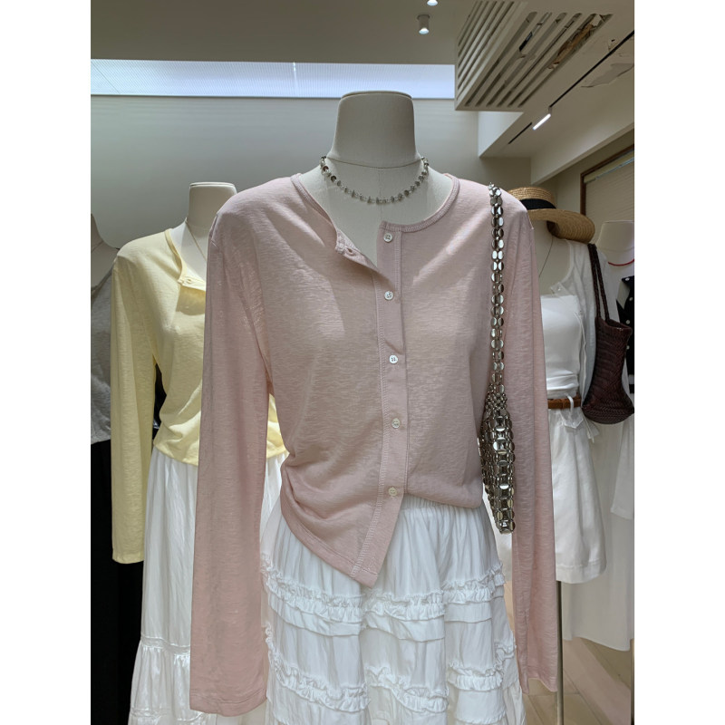 Dopamine-Colored Cool Snowflake Texture Tencel Round-Neck Long-Sleeve Knitwear Spring and Summer Sun-Protective Loose Short Cardigan