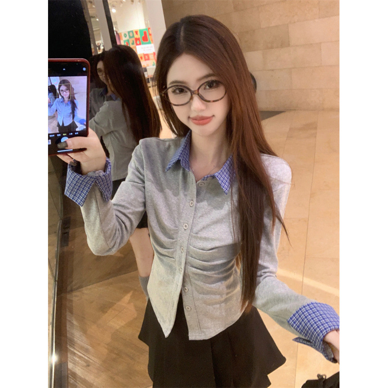 韩系辣妹灰色假两件格子拼接设计感打底衫短款长袖T恤上衣女|undefined