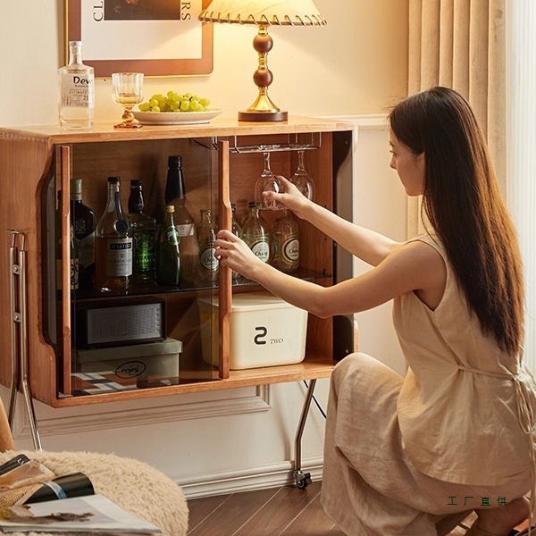 Retro Style Light Luxury Solid Wood Removable Glass Sideboard Wine Cabinet Home Living Room Storage Rack Storage Cabinet Small Wine Rack