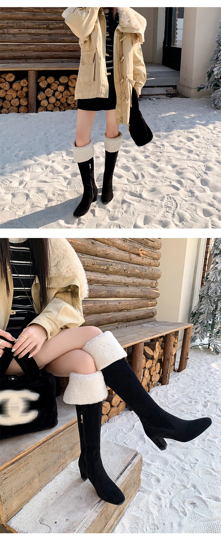 Boot nữ cổ cao ôm bắp chân lông cừu ấm, gót thô 5 cm, phong cách cưỡi ngựa — màu đen chi tiết 16