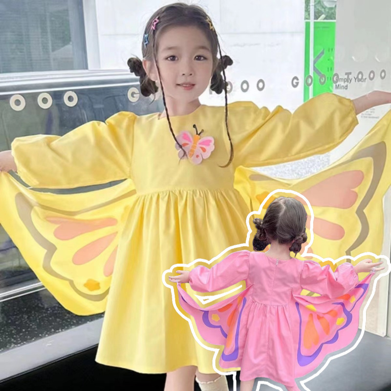 New Summer Girls' Butterfly Wing Dress 2024 Baby Girls' Spring and Autumn Long Sleeve Cute Princess Dress Trendy