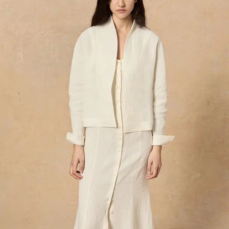 Spanish Niche Cort Collarless Blazer Short Jacket for Women, Stylish Linen Casual Suit, Slimming Commuter Top