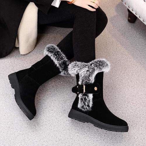 Autumn and winter new warm cotton shoes, flat non-slip women's boots, suede thick snow boots, medium tube fluffy shoes, cotton boots