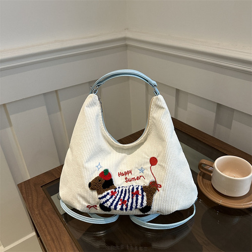 Large Capacity Embroidered Sausage Dog Foldable Backpack 2024 New Trend Striped Canvas Single Shoulder Crossbody Tote Bag