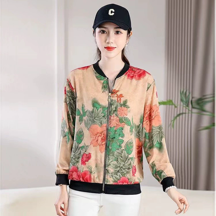 2024 лето новый стиль мама среднего возраста бейсбольный костюм куртка женский принт куртка на молнии модная шифоновая солнцезащитная рубашка