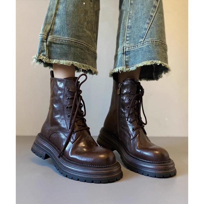Sheepskin Version ~ Retro Boots Lace-Up Side Zipper Thick Heel Short Boots Women's Round Toe Autumn and Winter Motorcycle Boots Thick Sole