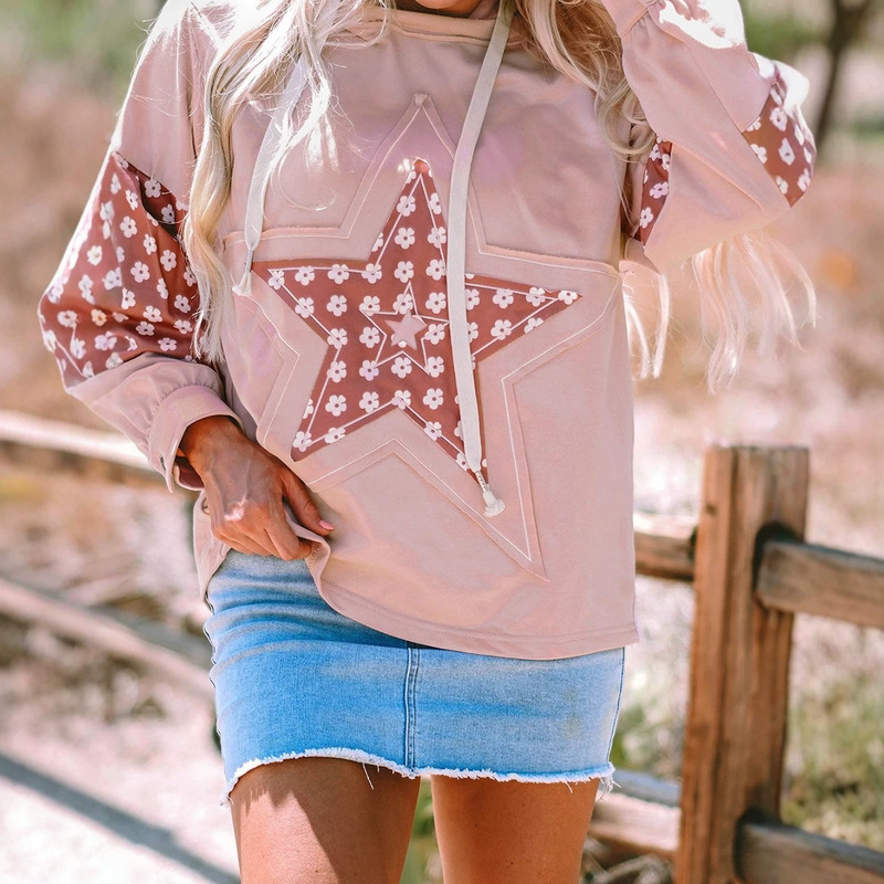 New Winter Star Pattern Hooded Sweatshirt for Women 2025 European and American Casual Loose Floral Patchwork Pullover for Women New Winter Star Pattern Hooded Sweatshirt for Women 2025 European and American Casual Loose Floral Patchwork Pullover for Women