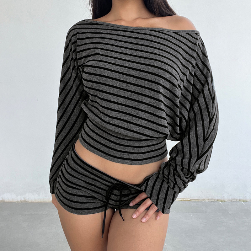 American-Style Striped Off-Shoulder Long-Sleeve T-Shirt for Women, Autumn Loose Casual Waist-Cinching Slim-Fit Short Top with Exposed Shoulders