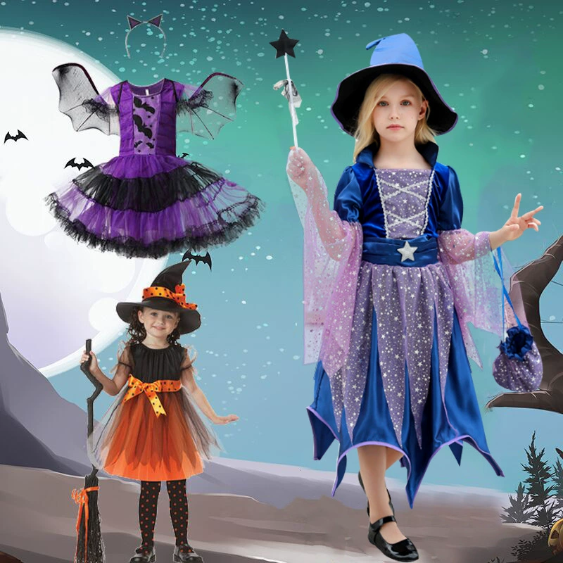 Хэллоуин детский костюм для девочек костюм для исполнения ведьмы плащ эльф волшебное платье костюм для детей шоу cos костюм