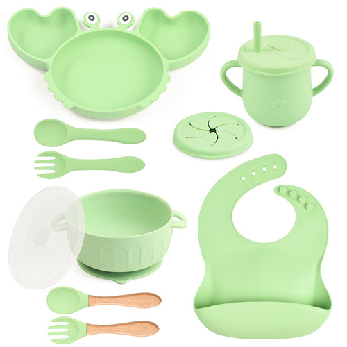 10-Piece Children's Crab Pattern Dinnerware Set with Silicone Tableware, Baby Silicone Feeding Bowl, Pouch Cup, Spork, and Spoon