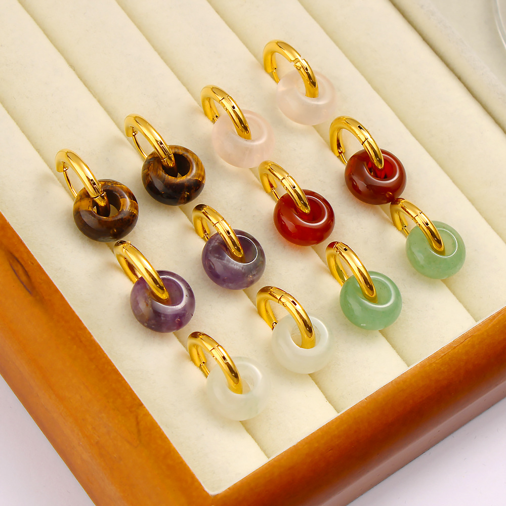 Nuevo estilo chino estilo chino piedra natural círculo perfiles de orejas de acero inoxidable nicho ligero lujo pendientes retro temperamento perfiles de orejas