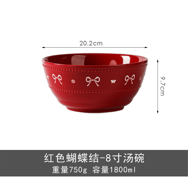 蝶結びの新しい陶器食器、見栄えの良い丼、両耳スープボウル、家庭用陶器ボウルと皿、インスタイル|undefined