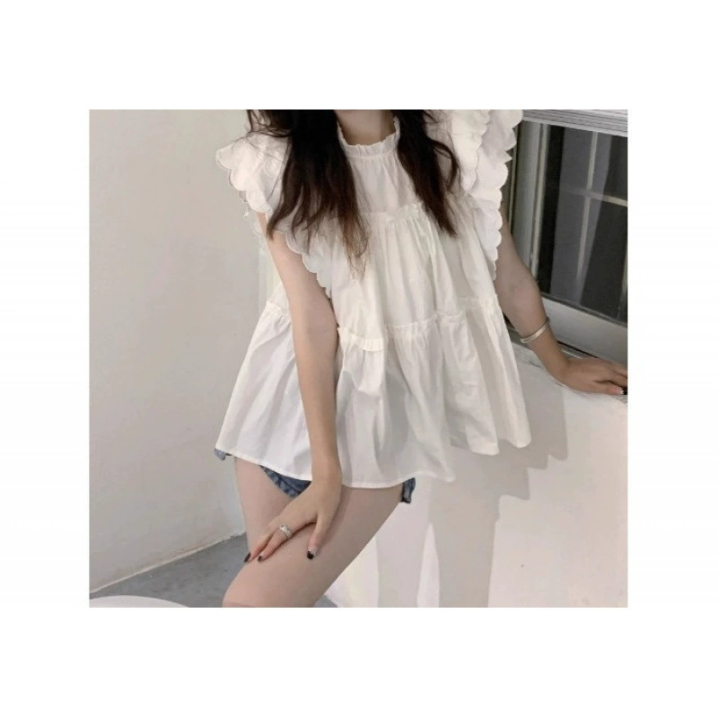 Рюшеванная нишевая французская белая свободная универсальная рубашка для женщин, лето 2025, новая миниатюрная облегающая элегантная блузка