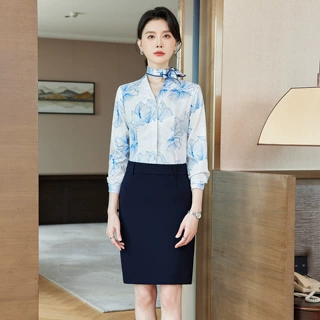 新中式轻国风衬衫套装女职业装长袖衬衣v领酒店前台美容院工作服