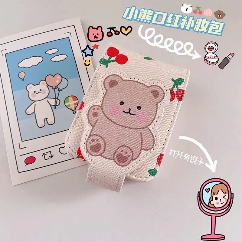 Pequeño oso lápiz labial bolsa con espejo MINI BOLSA chica portátil de viaje maquillaje bolsa de almacenamiento de maquillaje bolsa avanzada