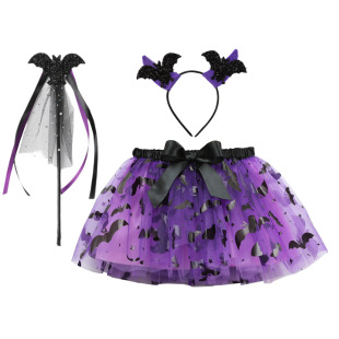 Halloween New Girl's Three-Piece Dress Printed Mesh Pumpkin Bat Tutu Dress Bom Magic Wand