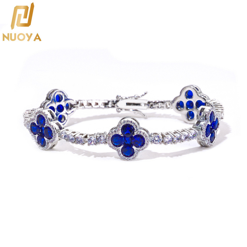 European and American Cross-Border Four-Leaf Clover Tennis Chain Colorful Gemstone Jewelry Bracelet Trendy Hip-Hop Jewelry Zircon Bracelet Customization