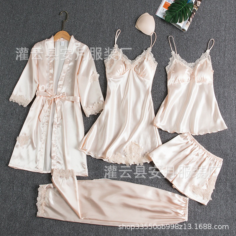 Pajamas women's summer ice silk Sexy Hot Adult Spring and Autumn long sleeve thin women's nightgown five pieces suit multicolor