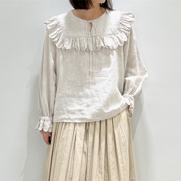 Japanese Mori Style a Brand Luxury Brand Cute Age-Reducing Square Petal Ruffle Tie-Neck Linen Long-Sleeve Top in 2 Colors