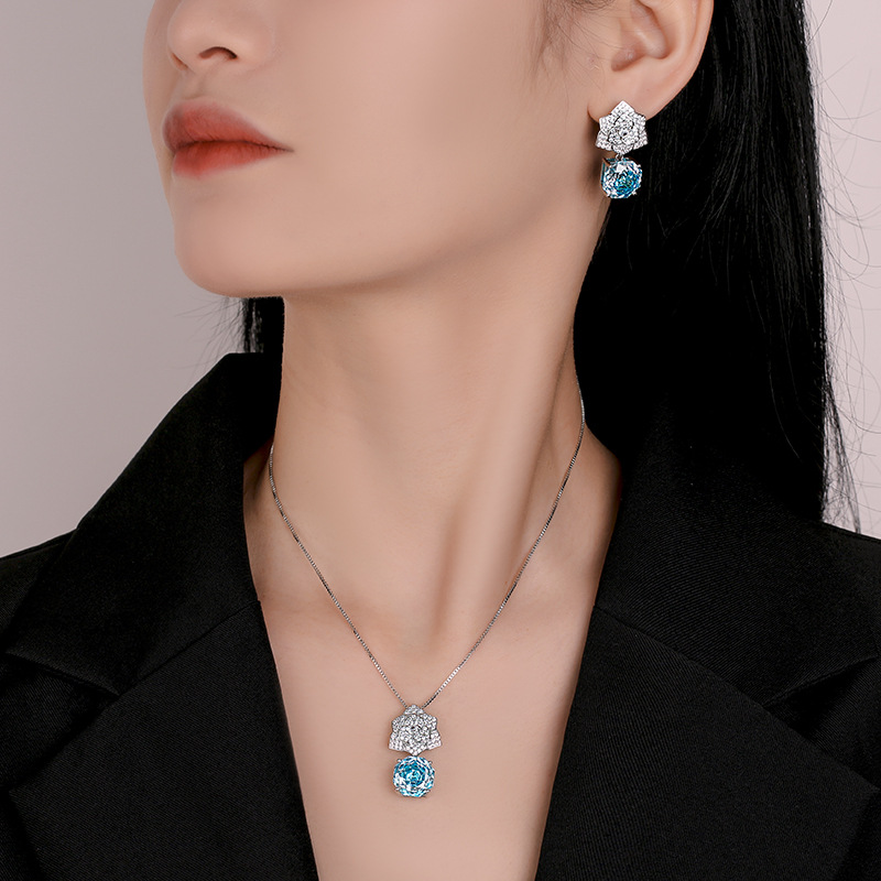 2025 venta caliente Zhuangshengsheng joyería simulación rosa corte mar azul pétalos colgante conjunto piedra principal 12mm al por mayor