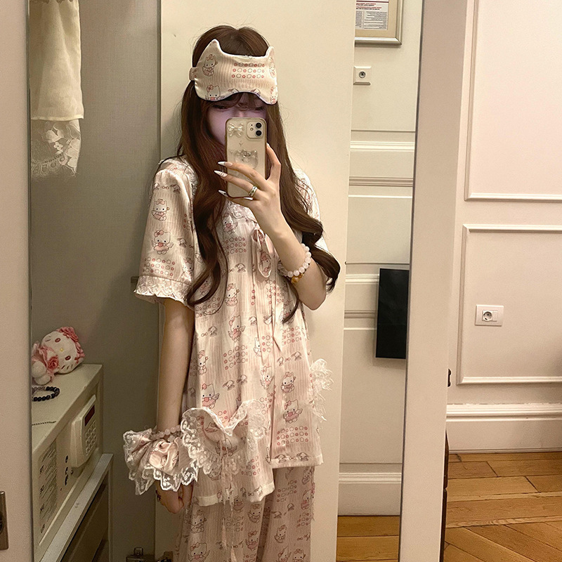 可爱hello kitty印花冰丝睡衣女款夏季新款短袖长裤家居服两件套|undefined