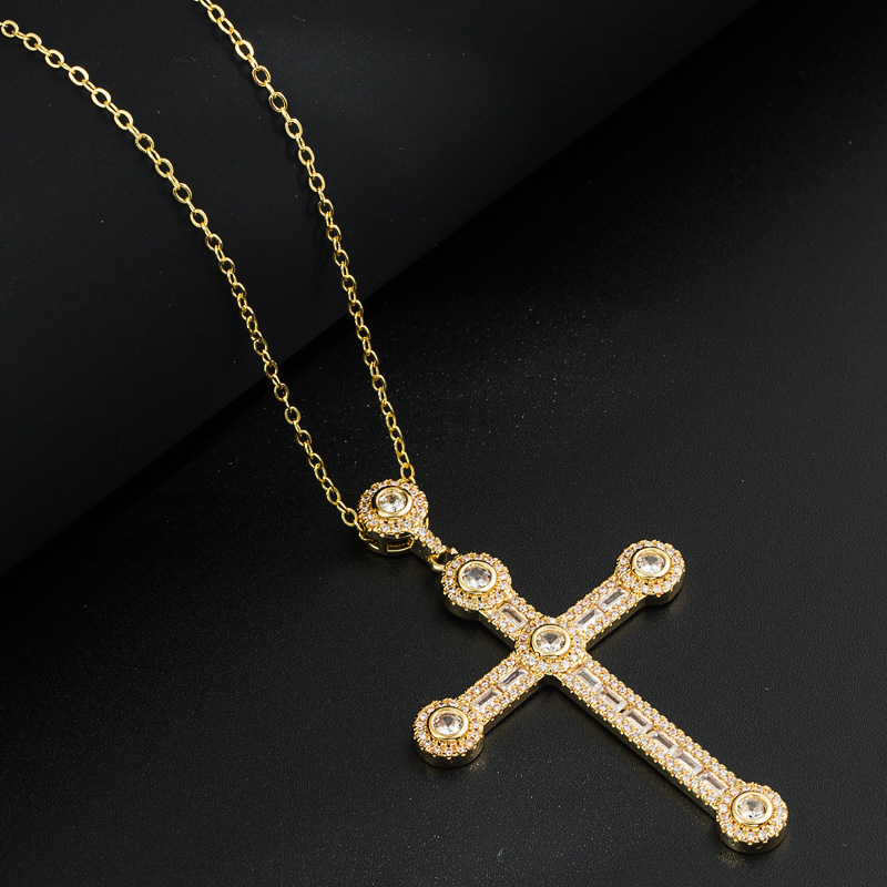 Fashion Copper Gold-Plated Micro Inlaid Zircon Pendant Cross Necklace