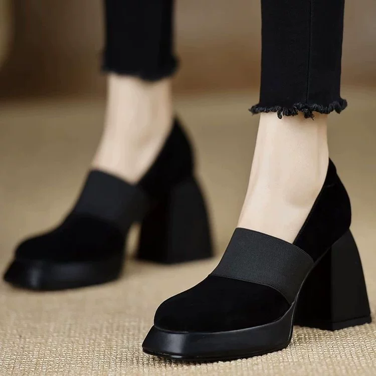 Французские маленькие кожаные туфли на толстом подошве женские туфли на толстом каблуке ленивые туфли на 2025 новый весенний ультравысокий каблуке водонепроницаемый стол одиночные туфли