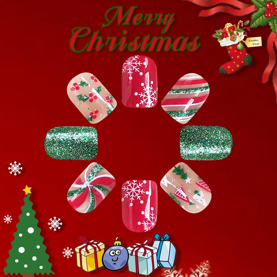 Short Glitter Square Armor 2024 New Christmas Snowflake Christmas Tree Striped Red with Green Glitter Powder 24 Pieces_voghion.com