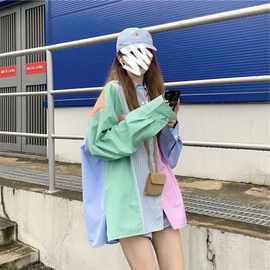 衬衫女春秋2024新款港风设计感马卡龙色拼接格子条纹长袖上衣ins