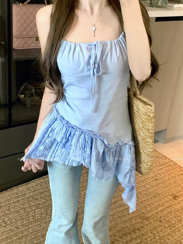 甘いホットガールデザインレーススプライシングキャミソール女性の夏の新しいニッチ不規則な痩身トップ|undefined