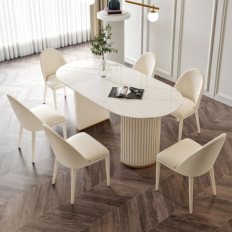 Nordic Exhibition Hall Model Room Rock Plate Dining Table Household White Oval Dining Table and Chair Light Luxury Cream Style Dining Table Combination