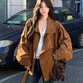 麂皮绒机车外套秋季复古美拉德休闲宽松慵懒翻领廓形感夹克女