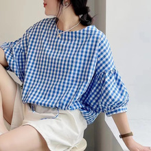 日系森女格纹下摆系带圆领套头中袖衬衫  新款宽松显瘦上衣