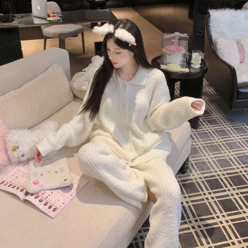 冬季半边绒家居服开衫月子服秋冬加绒保暖家居服简约新款睡衣女|undefined