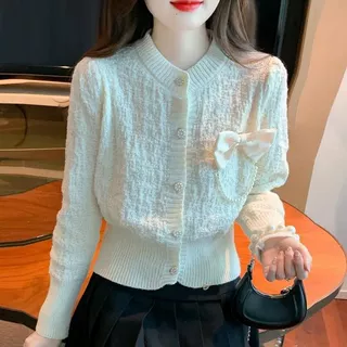 法式小香风春秋款针织毛衣开衫女新款时尚显瘦甜美设计蝴蝶结圆领
