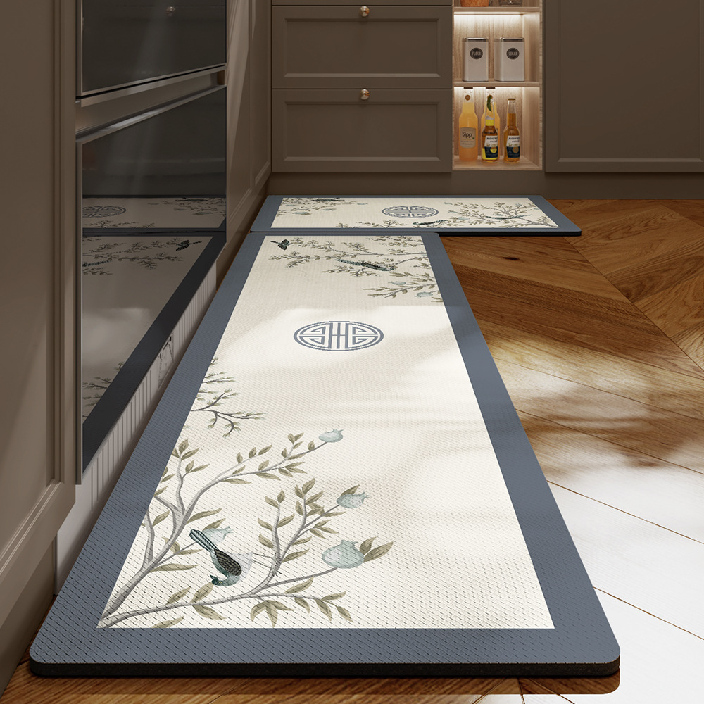 Chinese-style ancient-style kitchen waterproof and oilproof PVC long strip doormat home leather washable and wash-free anti-dirty combination rug
