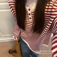 慵懒感红色条纹撞色针织上衣秋季穿搭宽松毛衣女秋冬新款