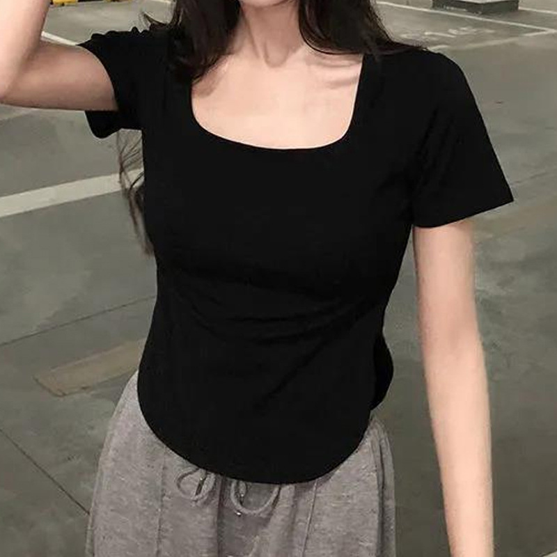 Camiseta de Verano 2025, Estilo Nuevo, Pura y Sexy, con Cuello en U Grande, Estilo Picante, Ajustada, de Manga Corta Irregular para Mujer image 5