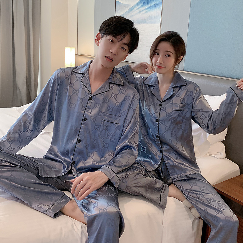 Comercio exterior al por mayor pareja pijamas primavera y otoño de manga larga hielo seda gordito niña más tamaño los hombres desgaste del hogar traje las mujeres