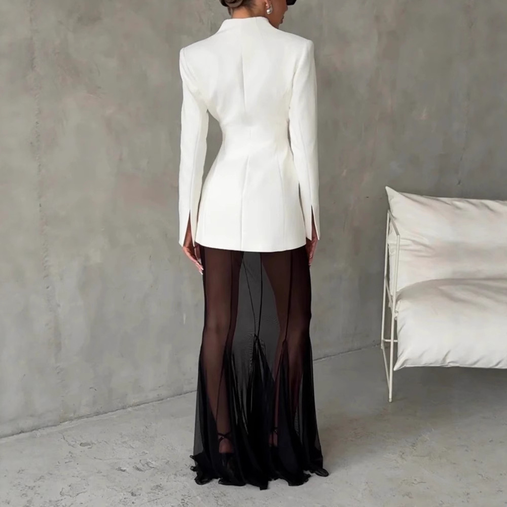 Women's Clothing Solid Color Mesh Sheer Base Skirt With Long Sleeved Lapel Blazer Independent Store Fashion_voghion.com